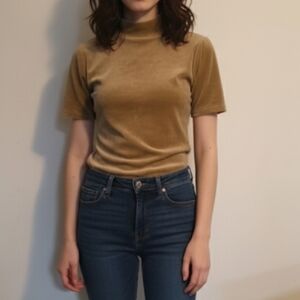 Theory size small velvet mock neck top blouse tan